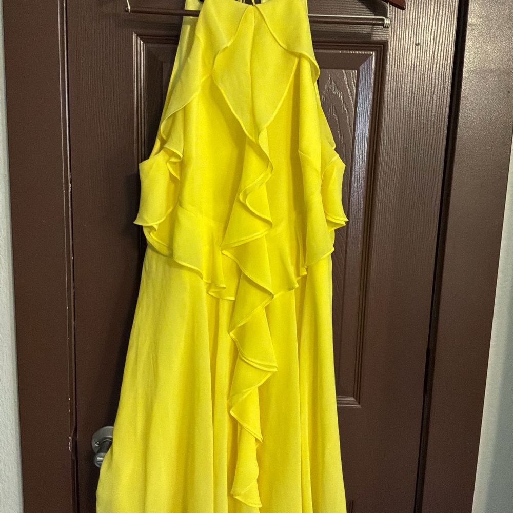 bebe Satin Yellow Halter Dress with Ruffle Detail